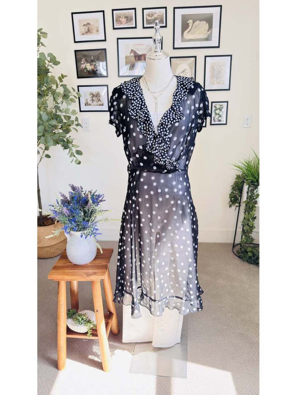 JBS Black & White Polka Dot Ruffle Chiffon Midi - Size 8
